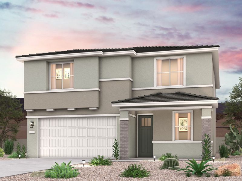 Twilight rendering of front of new home for sale in San Tan, AZ with 2 car garage in the beautiful Skyline Village community with pool.