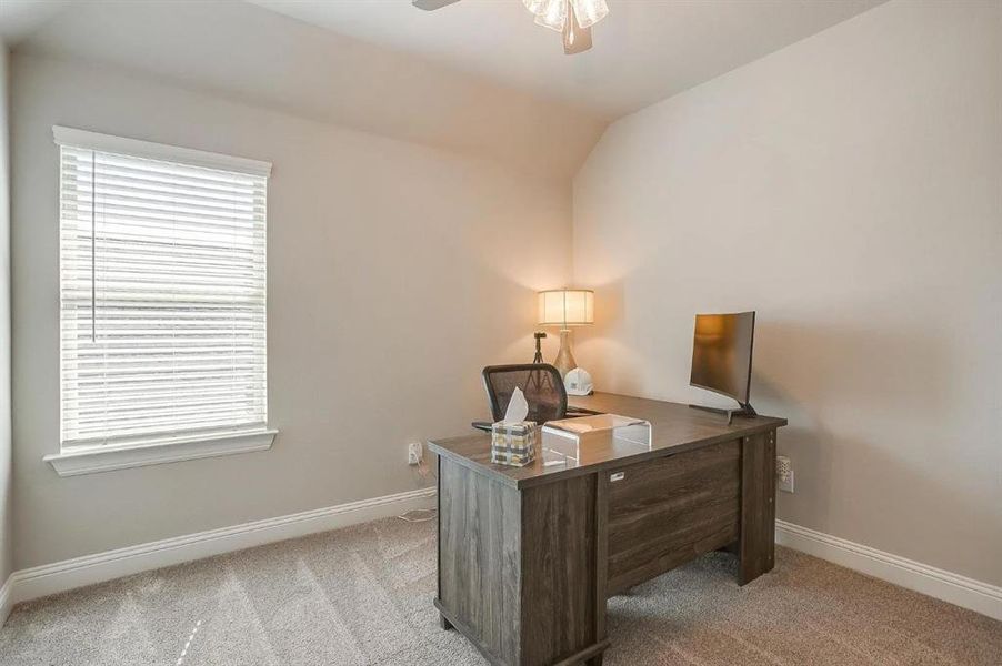 Carpeted office space featuring lofted ceiling, a wealth of natural light, and ceiling fan