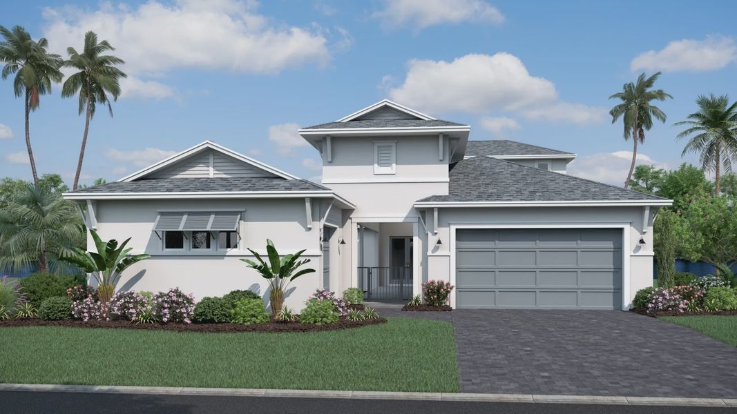 Front exterior of a new home in Eagles Cove at Mirada, San Antonio, FL, highlighting curb appeal (Image 1). Front exterior of a new home in Eagles Cove at Mirada, San Antonio, FL, highlighting curb appeal (Image 1).