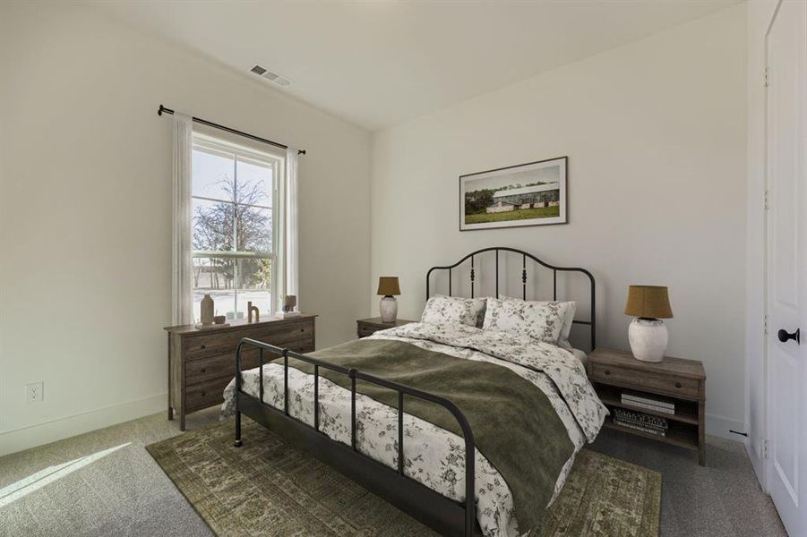 Virtually staged photo - Bedroom with carpet floors and baseboards