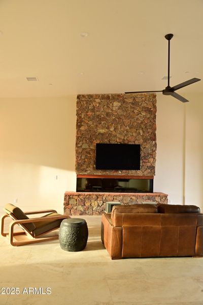 stone fireplace great room