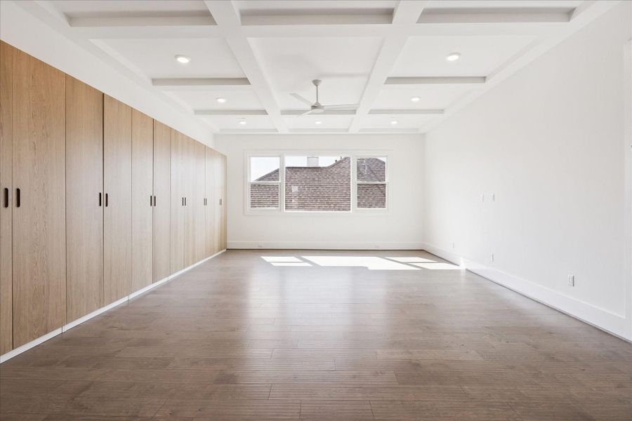 Coffered ceilings is a lovely detail in the second floor game room which also has a closet to house home automation, electronics/technology, etc. Coffered ceilings is a lovely detail in the second floor game room which also has a closet to house home automation, electronics/technology, etc.