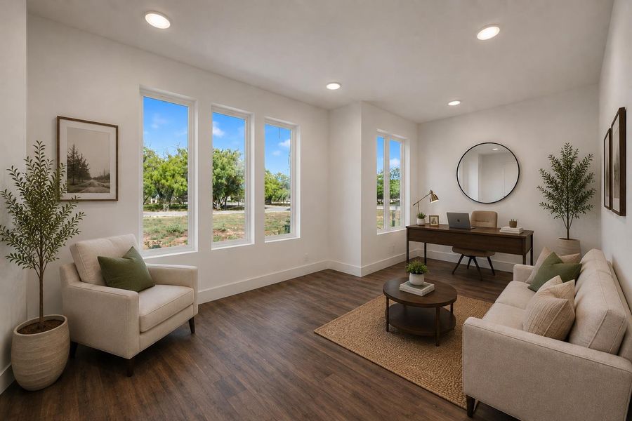 Virtually staged entry flex/office space at front of home.  Rich wood flooring pairs with clean lines and recessed lighting in this versatile office space.