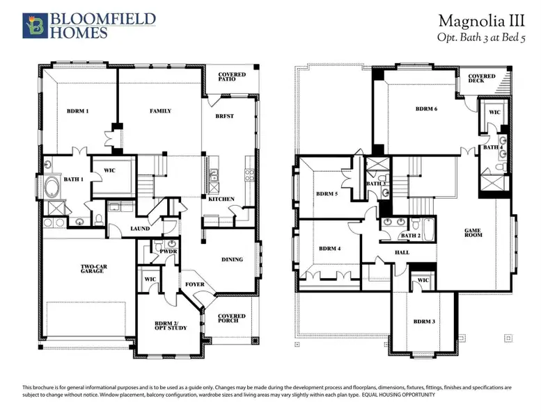 Bloomfield Homes Magnolia III two-story floor plan with six bedrooms, four bathrooms, game room, and two-car garage.