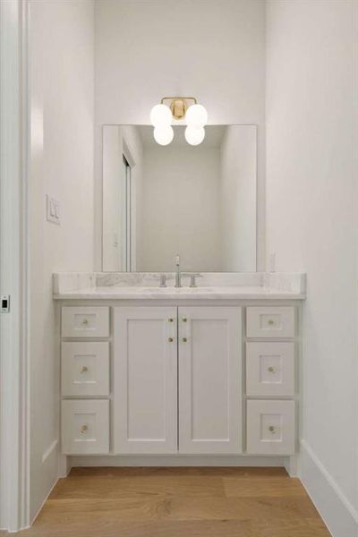 Bathroom featuring wood-type flooring and vanity