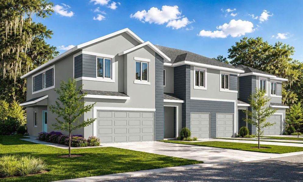 Front exterior of a new home in River Oaks Townhomes, Riverview, FL, highlighting curb appeal (Image 2). Front exterior of a new home in River Oaks Townhomes, Riverview, FL, highlighting curb appeal (Image 2).