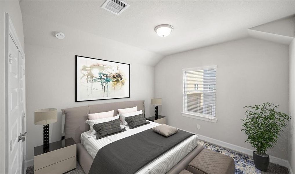 The secondary bedroom features natural lighting and high ceilings.