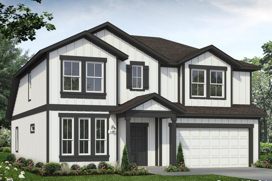 Front exterior of a new home in Casetta Ranch, Kyle, TX, highlighting curb appeal (Image 1). Front exterior of a new home in Casetta Ranch, Kyle, TX, highlighting curb appeal (Image 1).