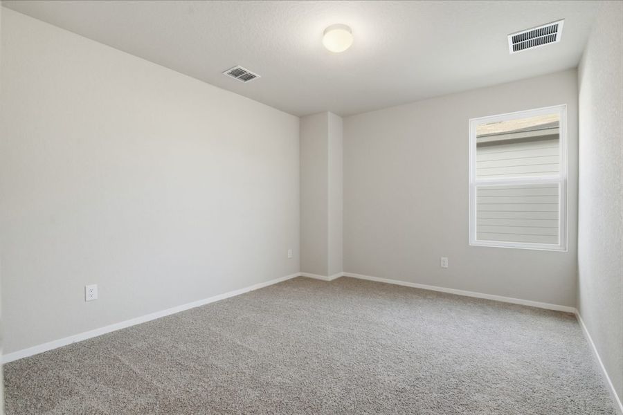 Image of a bed room with light grey walls, tan carpeting, a window and white trim