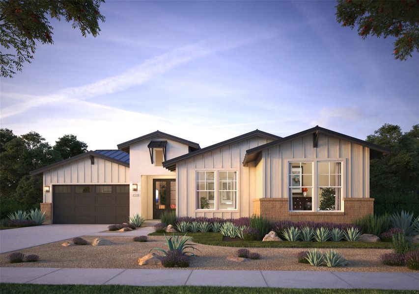 View of front of home with board and batten siding, a garage, and driveway. The photos shown are of a completed home with the same floor plan and may not reflect the exact finishes, features, or layout of the home currently under construction.