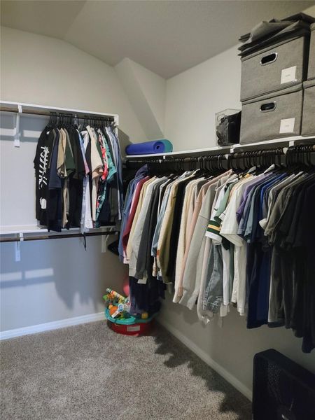 Spacious closet with carpet and lofted ceiling