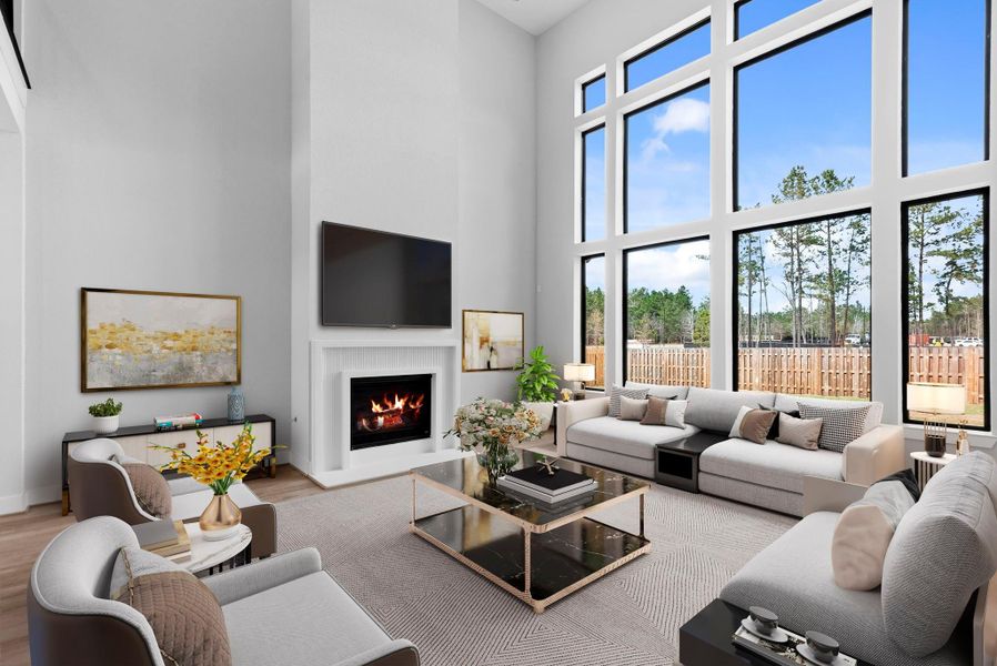 Living room with grand ceilings virtually staged