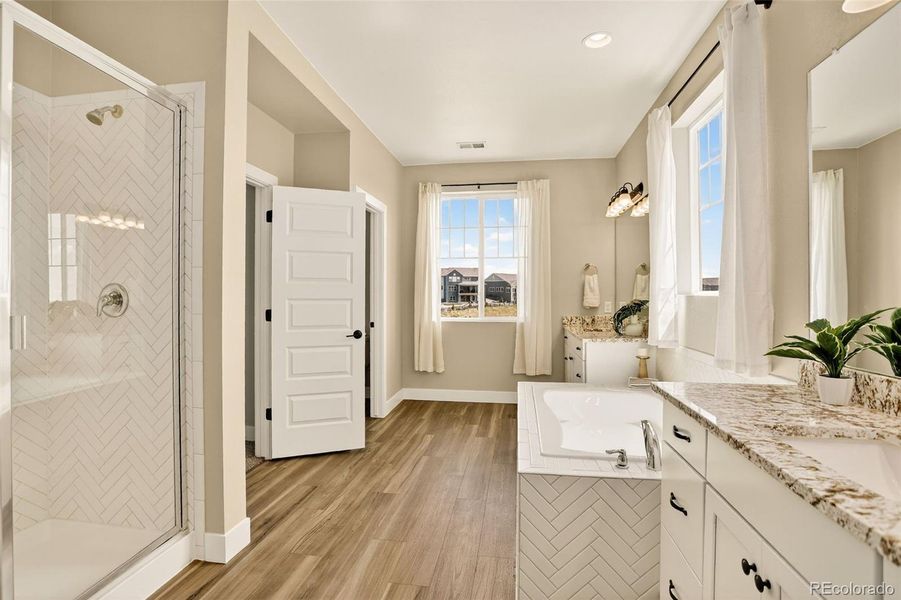 Double sinks, soaking tub, and oversized shower Double sinks, soaking tub, and oversized shower