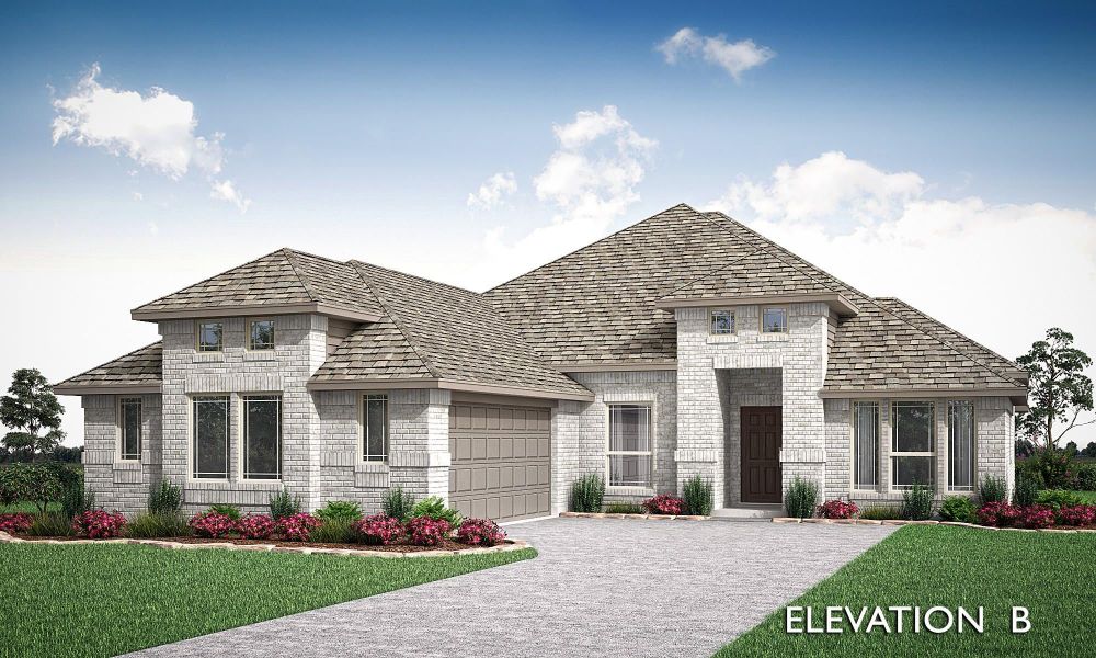 Single-story home with light brick exterior, hip roof, two-car garage, and landscaped front yard, Elevation B Single-story home with light brick exterior, hip roof, two-car garage, and landscaped front yard, Elevation B