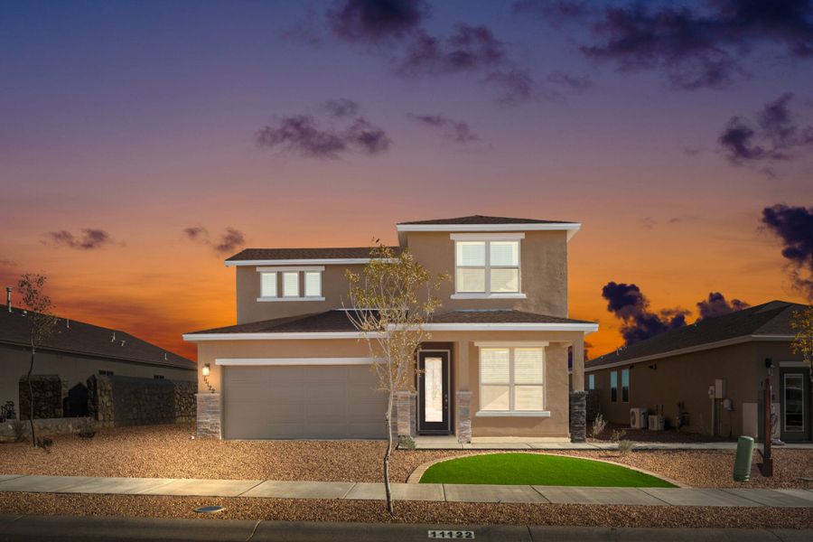 Representative exterior photo of a completed home built from the Texas Olive by View Homes in Campo Del Sol, El Paso, TX (Image 1).