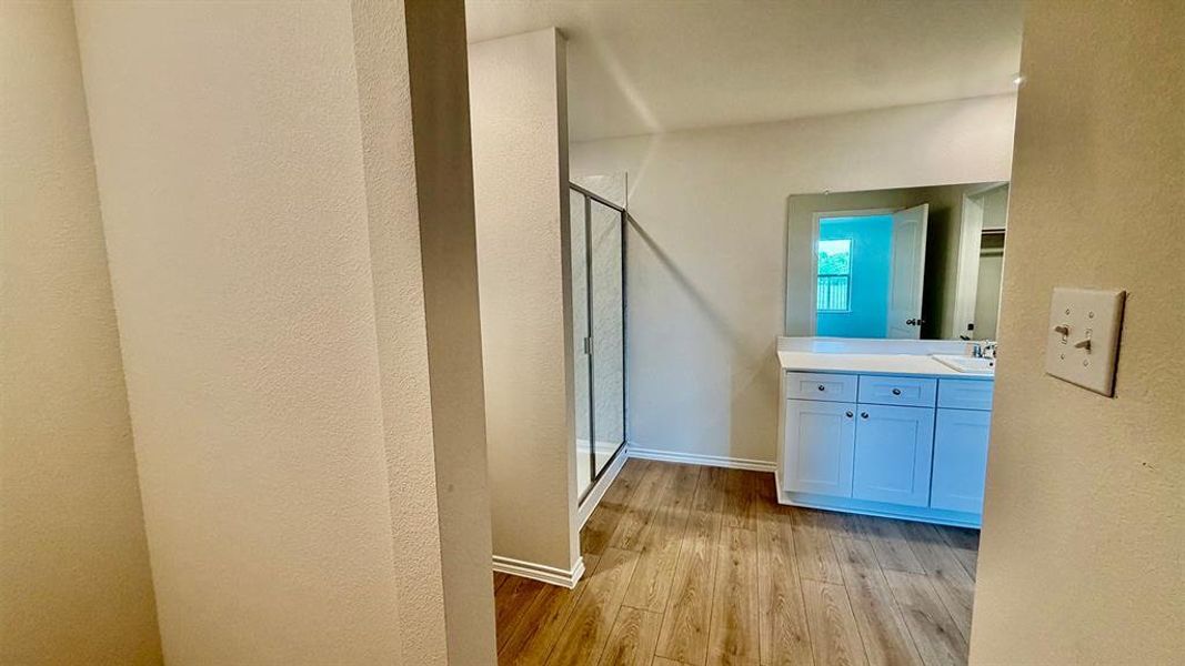 Bathroom featuring wood-finish flooring, a glass-enclosed shower, a white vanity with multiple cabinets, a single integrated sink, and a large wall-mounted mirror