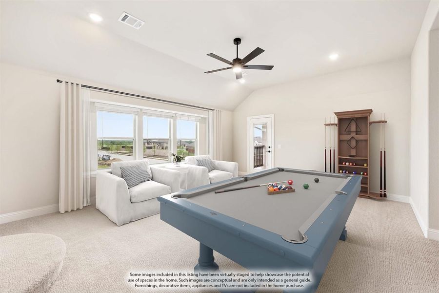 Game room with pool table, vaulted ceiling, ceiling fan, and seating area on carpet flooring