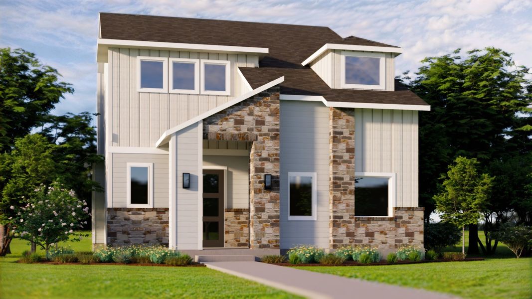 Representative exterior photo of a completed home built from the Denali by Pacesetter Homes in Easton Park, Austin, TX (Image 5). Representative exterior photo of a completed home built from the Denali by Pacesetter Homes in Easton Park, Austin, TX (Image 5).