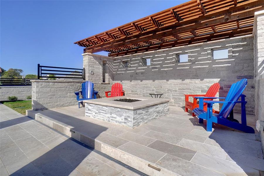 Pergola with Large Fire Pit with Additional Seating & All Equipment Hidden Behind Dedicated Wall...