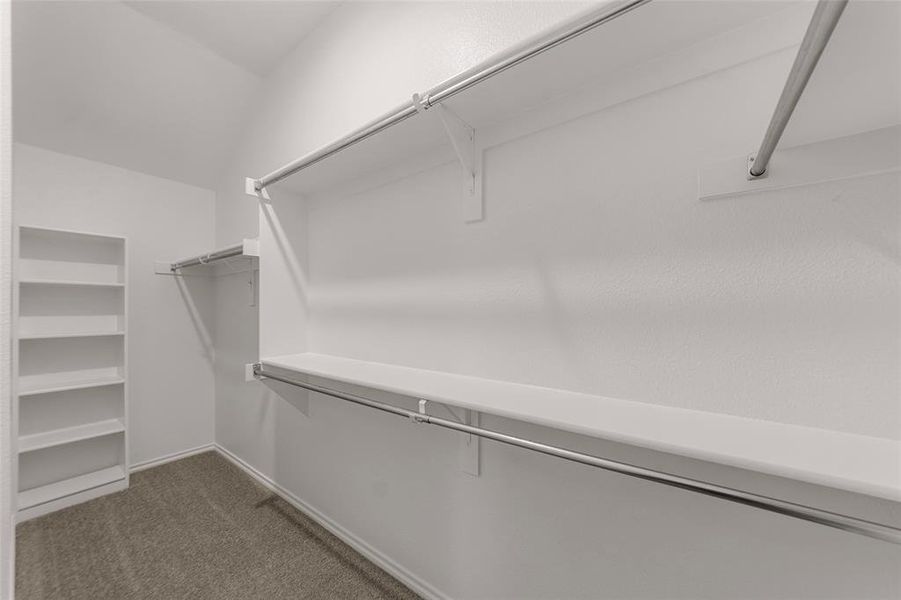 Walk in closet featuring dark colored carpet Walk in closet featuring dark colored carpet