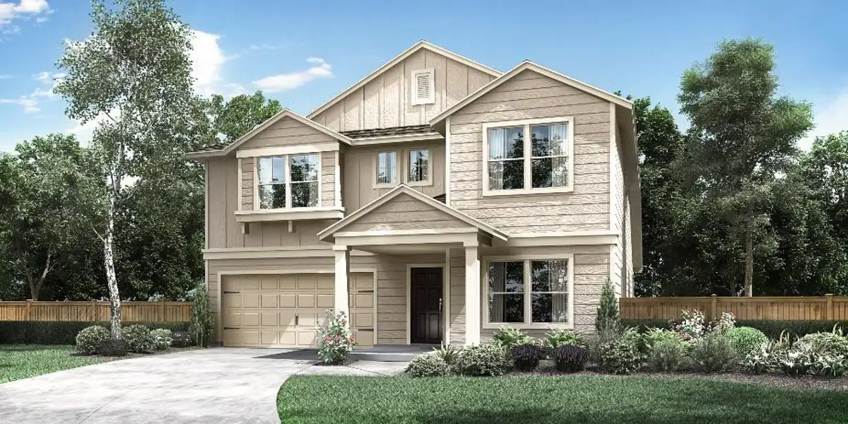 Representative exterior photo of a completed home built from the Driftwood by Pacesetter Homes in Orchard Ridge, Liberty Hill, TX (Image 1). Representative exterior photo of a completed home built from the Driftwood by Pacesetter Homes in Orchard Ridge, Liberty Hill, TX (Image 1).
