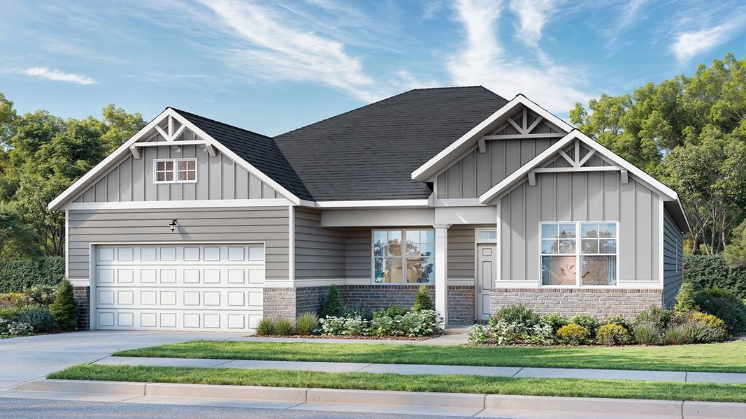 Representative exterior photo of a completed home built from the GROVER Express by D.R. Horton in Kingston Ranch at Lake Oconee, Buckhead, GA (Image 1). Representative exterior photo of a completed home built from the GROVER Express by D.R. Horton in Kingston Ranch at Lake Oconee, Buckhead, GA (Image 1).