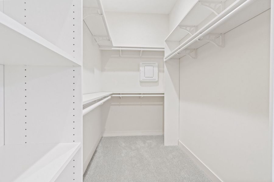 Walk in closet with light colored carpet