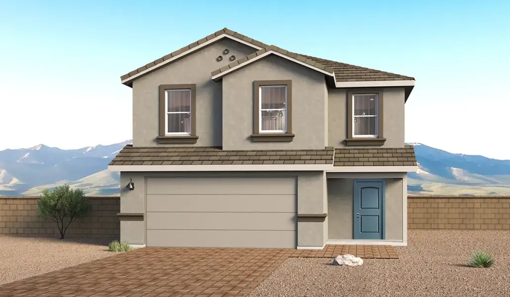 Front exterior of a new home in Red Rock Village, Red Rock, AZ, highlighting curb appeal (Image 1). Front exterior of a new home in Red Rock Village, Red Rock, AZ, highlighting curb appeal (Image 1).