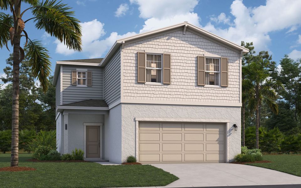Front exterior of a new home in Oakfield Trails, Parrish, FL, highlighting curb appeal (Image 25). Front exterior of a new home in Oakfield Trails, Parrish, FL, highlighting curb appeal (Image 25).
