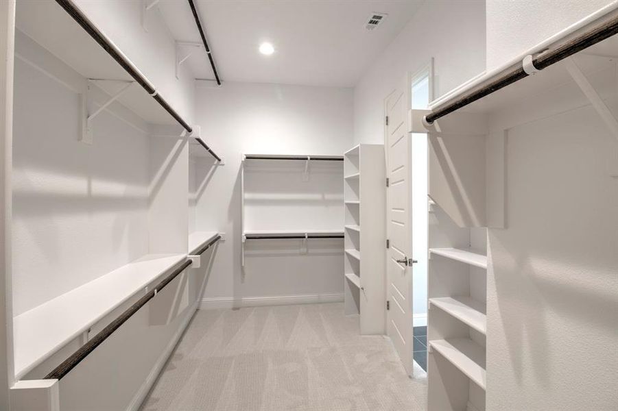 Walk in closet featuring light colored carpet