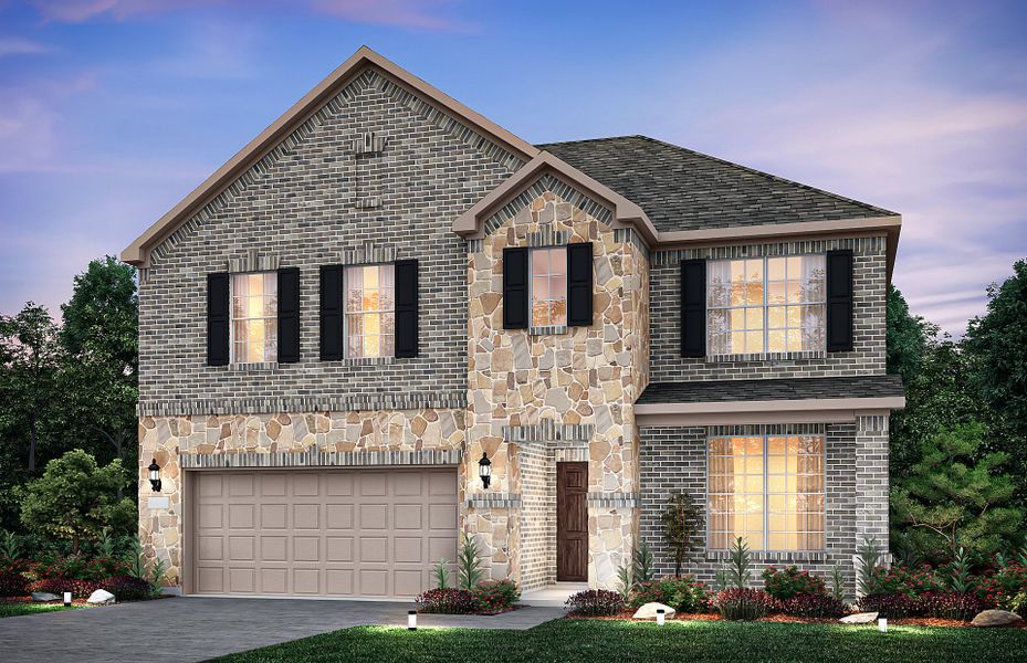 The Caldwell, a two-story home with covered front porch and 2-car garage, shown as Home Exterior B