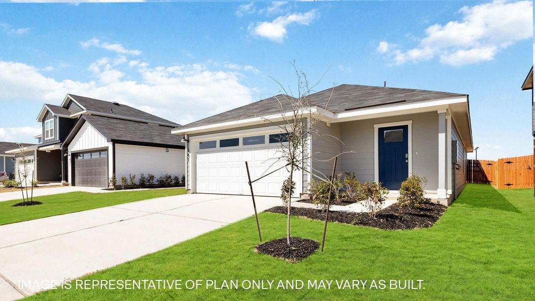 Front exterior of a new home in Prairie Lakes, Buda, TX, highlighting curb appeal (Image 2).