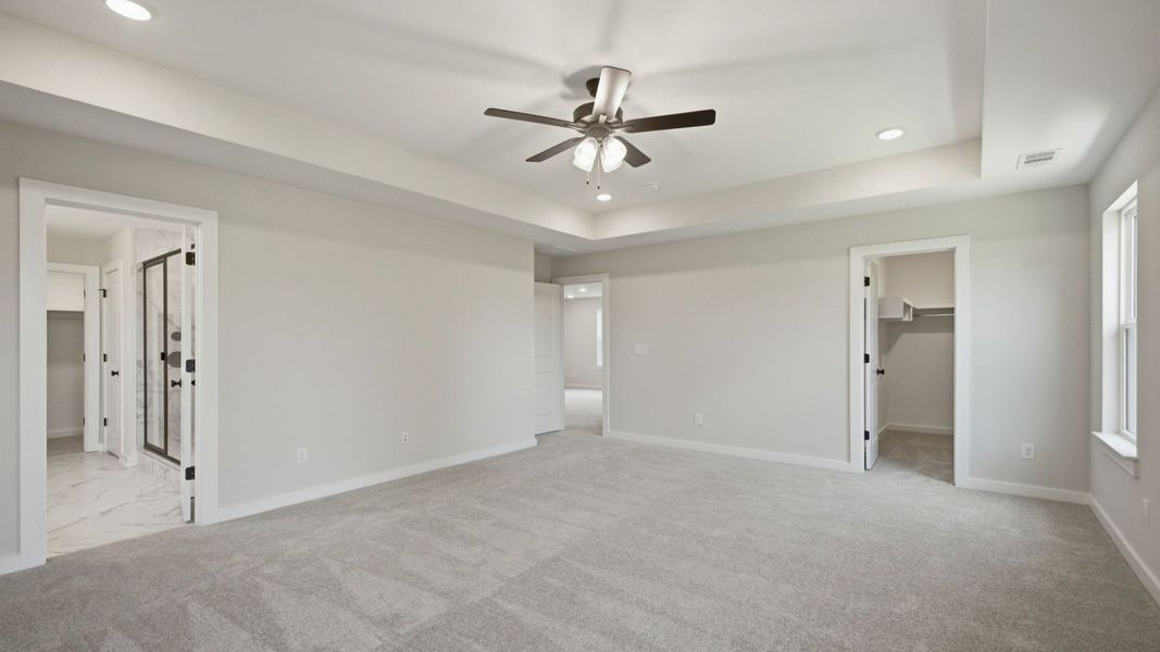 Primary suite with tray ceiling, ceiling fan, carpet, and windows