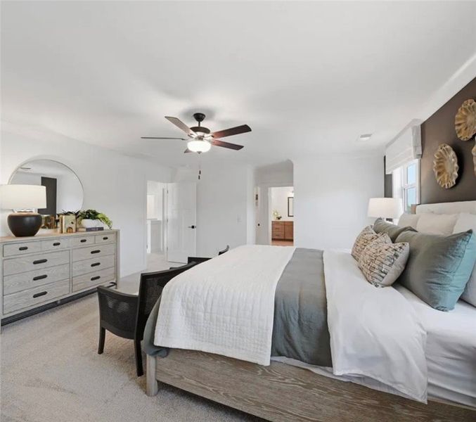 A well-lit bedroom provides a serene retreat with A well-lit bedroom provides a serene retreat with