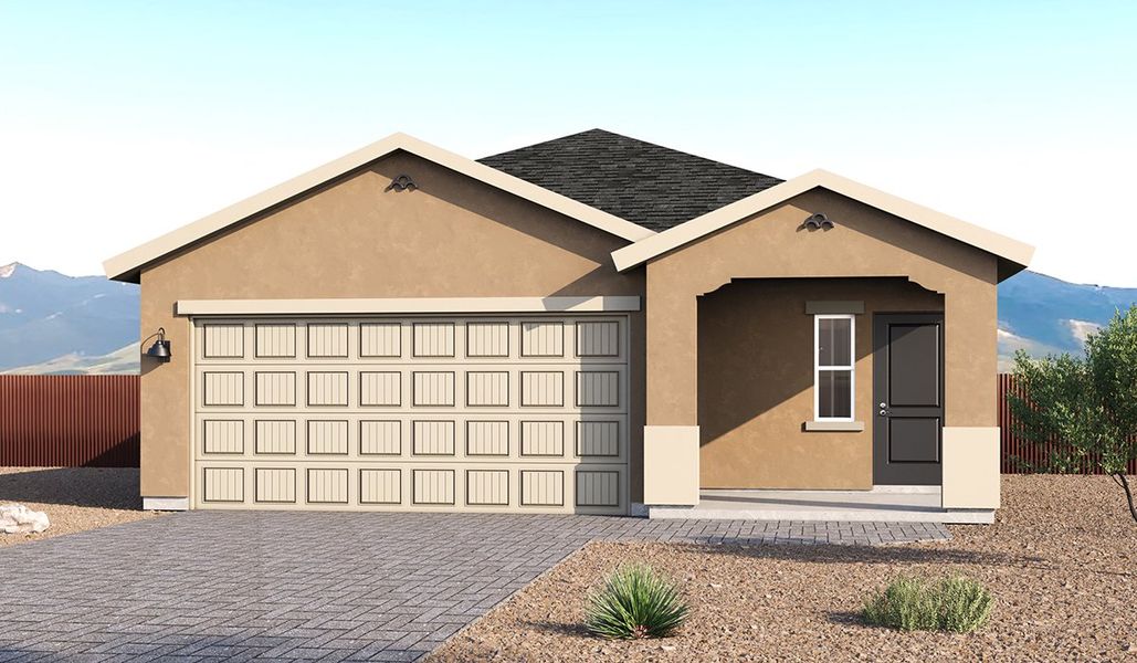 Front exterior of a new home in Redford Estates, Tucson, AZ, highlighting curb appeal (Image 1). Front exterior of a new home in Redford Estates, Tucson, AZ, highlighting curb appeal (Image 1).