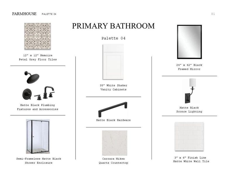 Farmhouse Look Palette 4: Primary Bathroom Selection Sheet (*Artist rendering used for illustration purposes only.)
