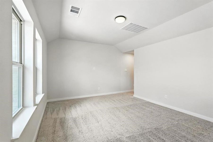 Spare room with healthy amount of natural light, lofted ceiling, and light colored carpet Spare room with healthy amount of natural light, lofted ceiling, and light colored carpet