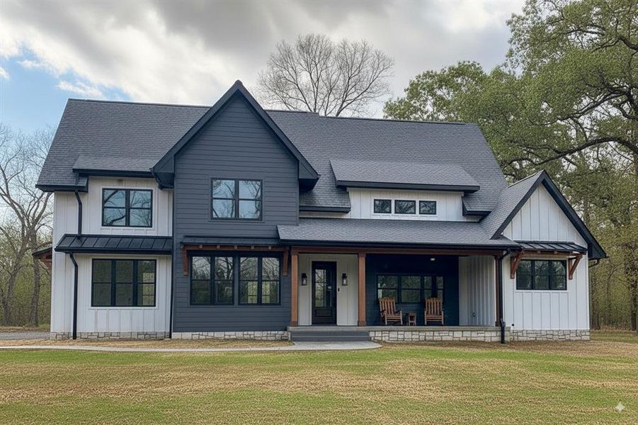 Modern farmhouse style home featuring covered porch, board and batten siding, a front lawn, and roof with shingles Modern farmhouse style home featuring covered porch, board and batten siding, a front lawn, and roof with shingles