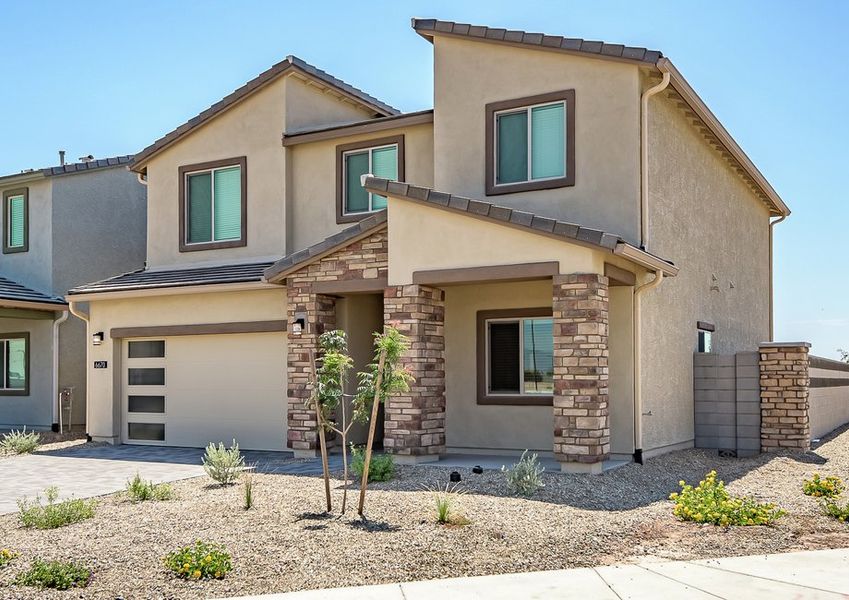 Angled front exterior of two-story Wellton floor plan in Mayfield