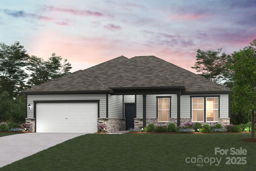 Front exterior of a new home in Meadow Creek Village, Locust, NC, highlighting curb appeal (Image 1).