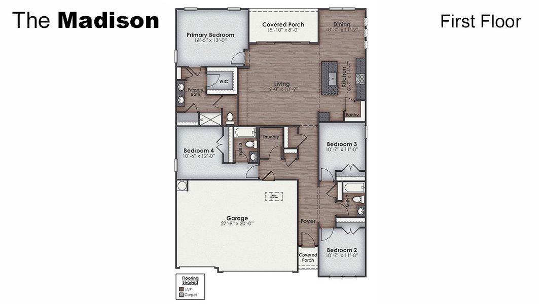 2D floor plan layout for the MADISON by D.R. Horton in Cedar Hill Landing, Navassa, NC (Image 5).