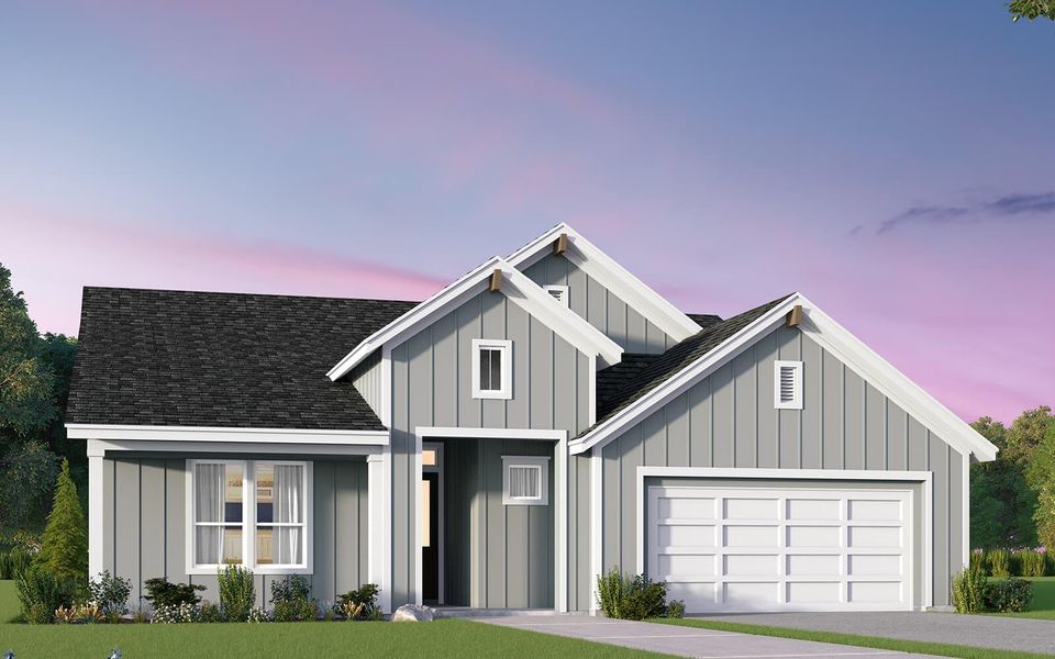 Modern farmhouse with a yard, board and batten siding, driveway, a garage, and a shingled roof Modern farmhouse with a yard, board and batten siding, driveway, a garage, and a shingled roof