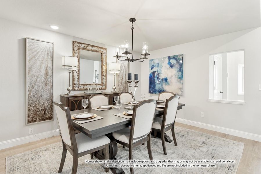 Formal dining room with dark wood table, six upholstered chairs, chandelier, and light hardwood floors Formal dining room with dark wood table, six upholstered chairs, chandelier, and light hardwood floors
