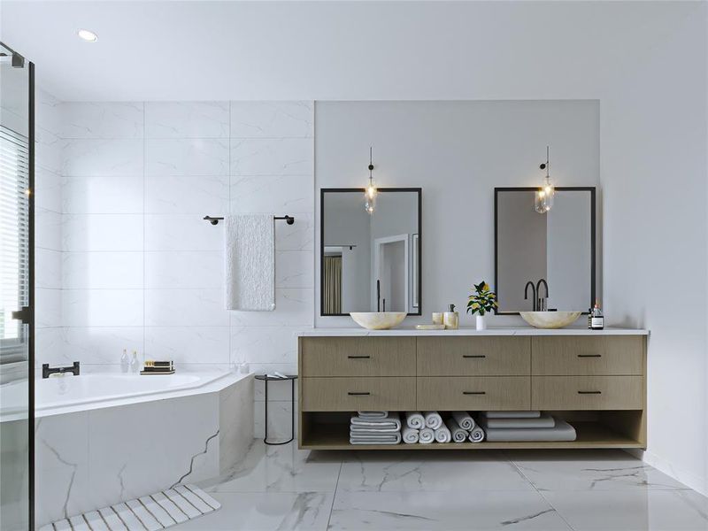 Primary bath features dual floating vanity with sleek modern fixtures.