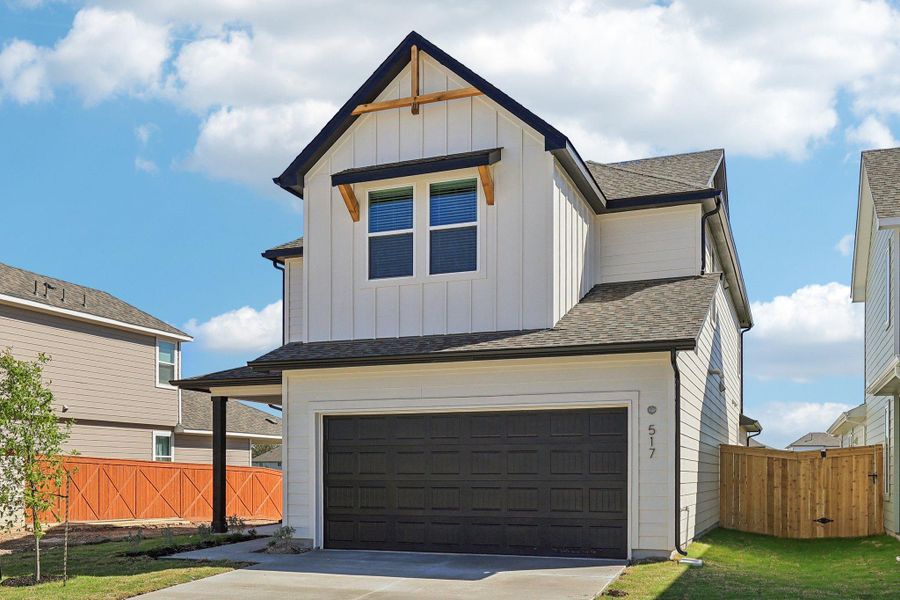 Front exterior of a new home in Lariat, Liberty Hill, TX, highlighting curb appeal (Image 2). Front exterior of a new home in Lariat, Liberty Hill, TX, highlighting curb appeal (Image 2).