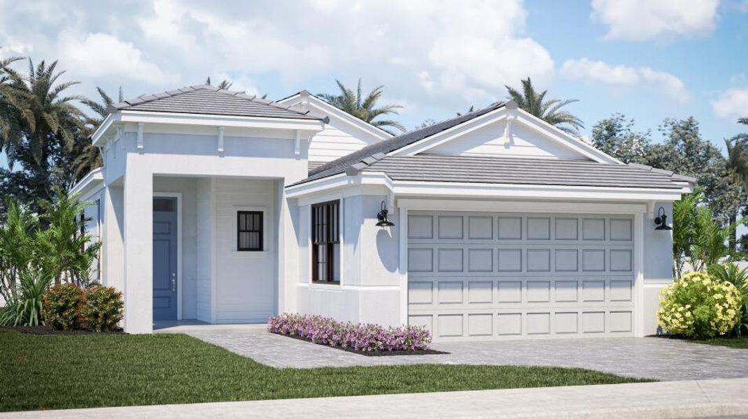 Front exterior of a new home in Tesoro Club, Port St. Lucie, FL, highlighting curb appeal (Image 1).