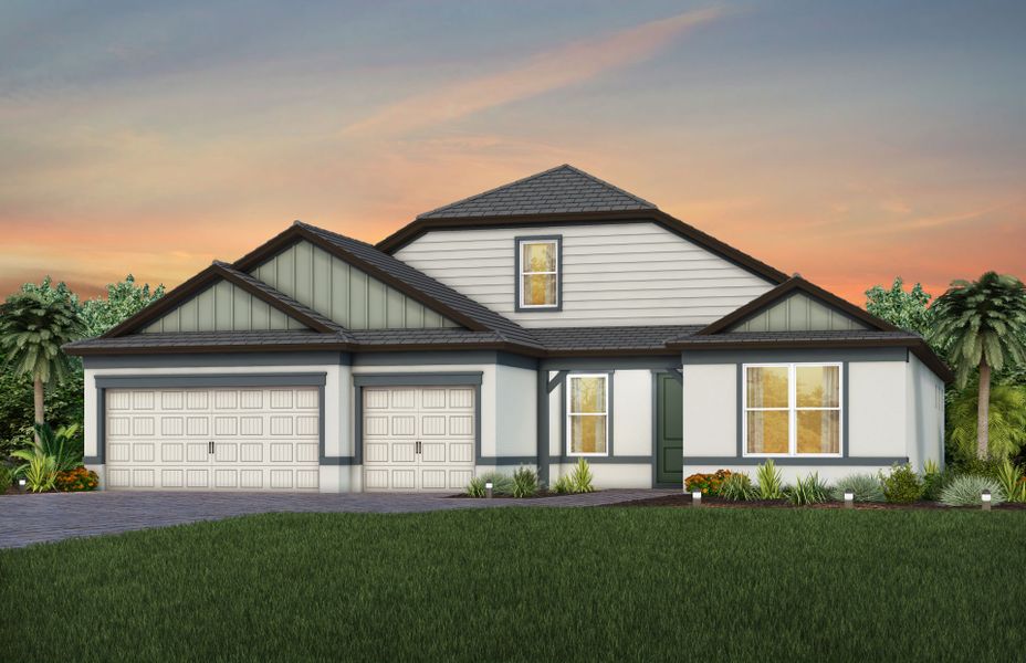 Representative exterior photo of a completed home built from the Stellar Grand by Del Webb in Del Webb Explore North River Ranch, Parrish, FL (Image 23). Representative exterior photo of a completed home built from the Stellar Grand by Del Webb in Del Webb Explore North River Ranch, Parrish, FL (Image 23).