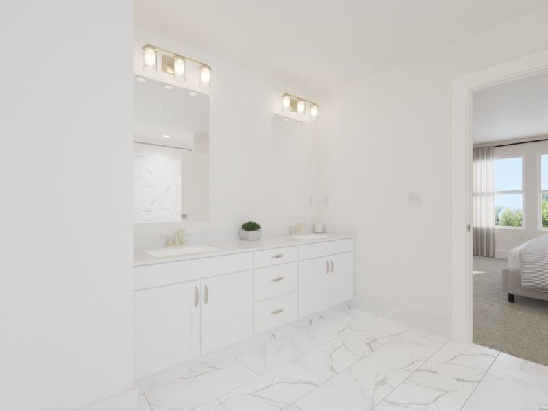 The primary bathroom offers dual vanity sinks and a walk-in shower.