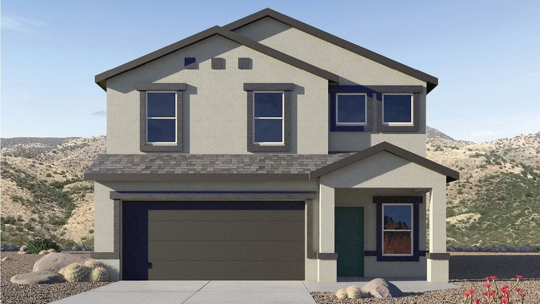 Front exterior of a new home in Saguaro Bloom, Marana, AZ, highlighting curb appeal (Image 1). Front exterior of a new home in Saguaro Bloom, Marana, AZ, highlighting curb appeal (Image 1).