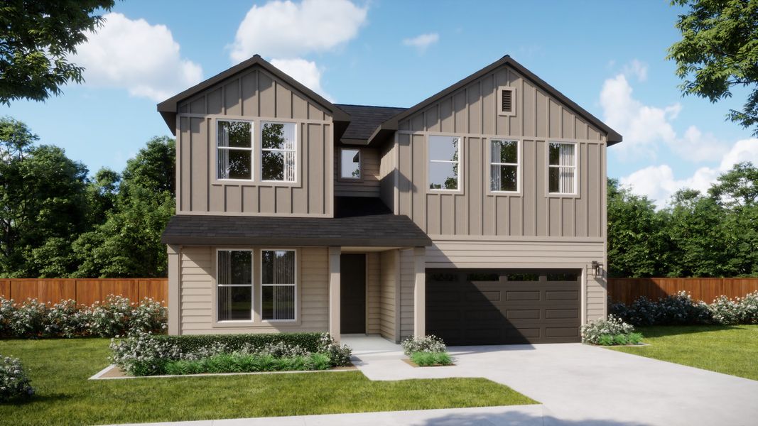 Representative exterior photo of a completed home built from the 4057 by Risewell Homes in Freedom at Anthem, Mountain City, TX (Image 2). Representative exterior photo of a completed home built from the 4057 by Risewell Homes in Freedom at Anthem, Mountain City, TX (Image 2).